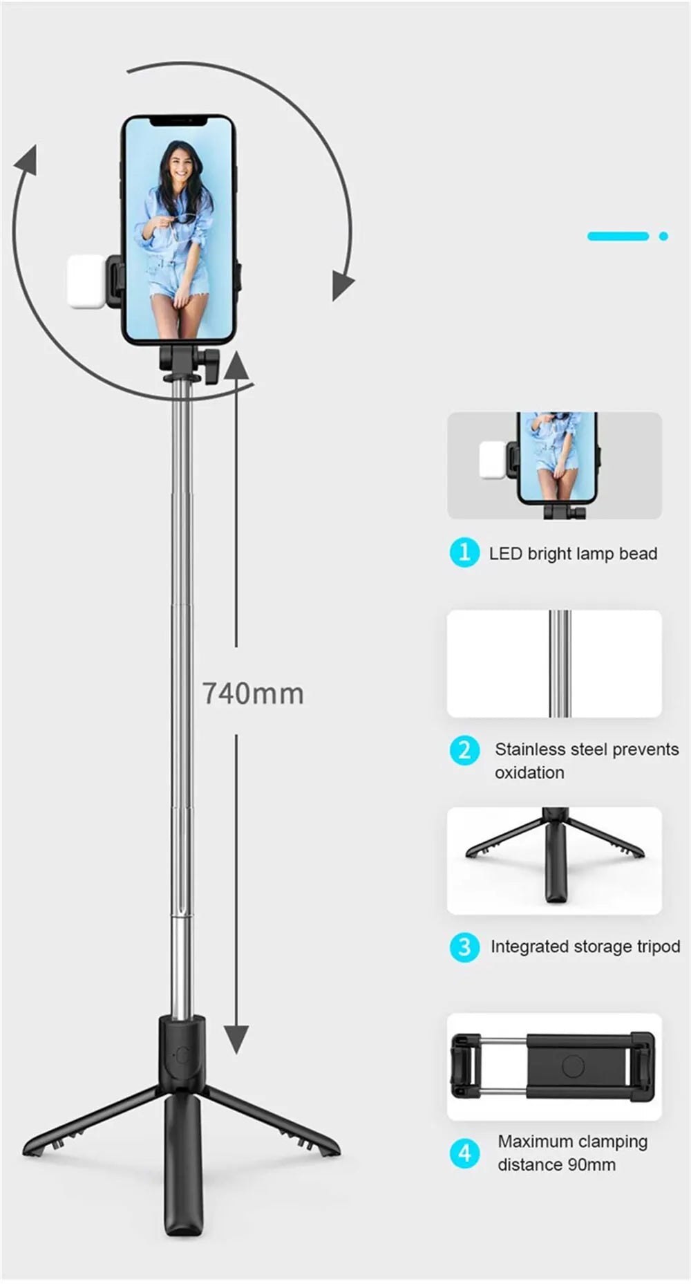 3 In 1 Selfie Stick Bluetooth Remote Tripod with Fill Light Foldable Bracket for Cell Smartphones for Tiktok Video Live Holder