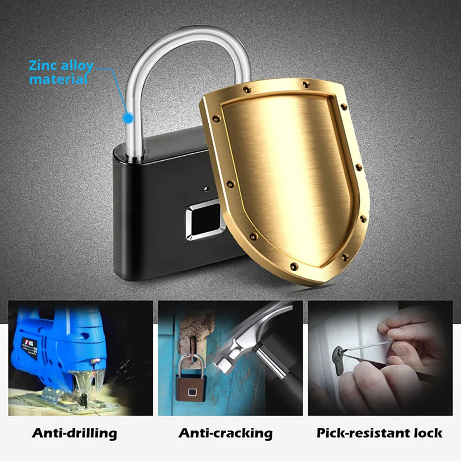 Keyless USB Charging Fingerprint Lock Smart Padlock Waterproof Door Lock 0.2sec Unlock Portable Anti-theft Padlock Zinc